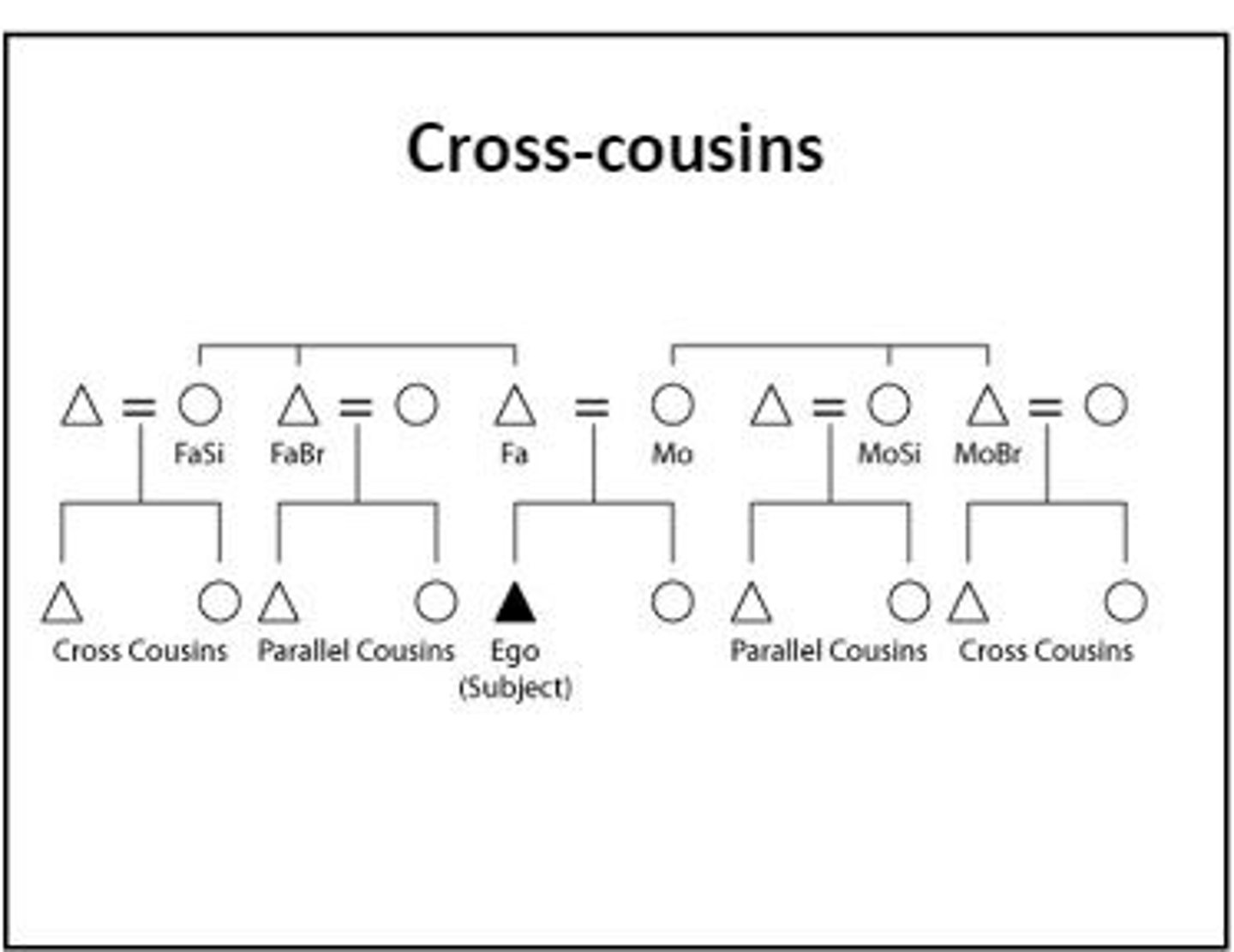 <p>The children of a person's parents' opposite-gender siblings (a father's sister's children or a mother's brother's children).<br>- Depending on system of descent (patrilineal or matrineal) impacts relations with cousins</p>