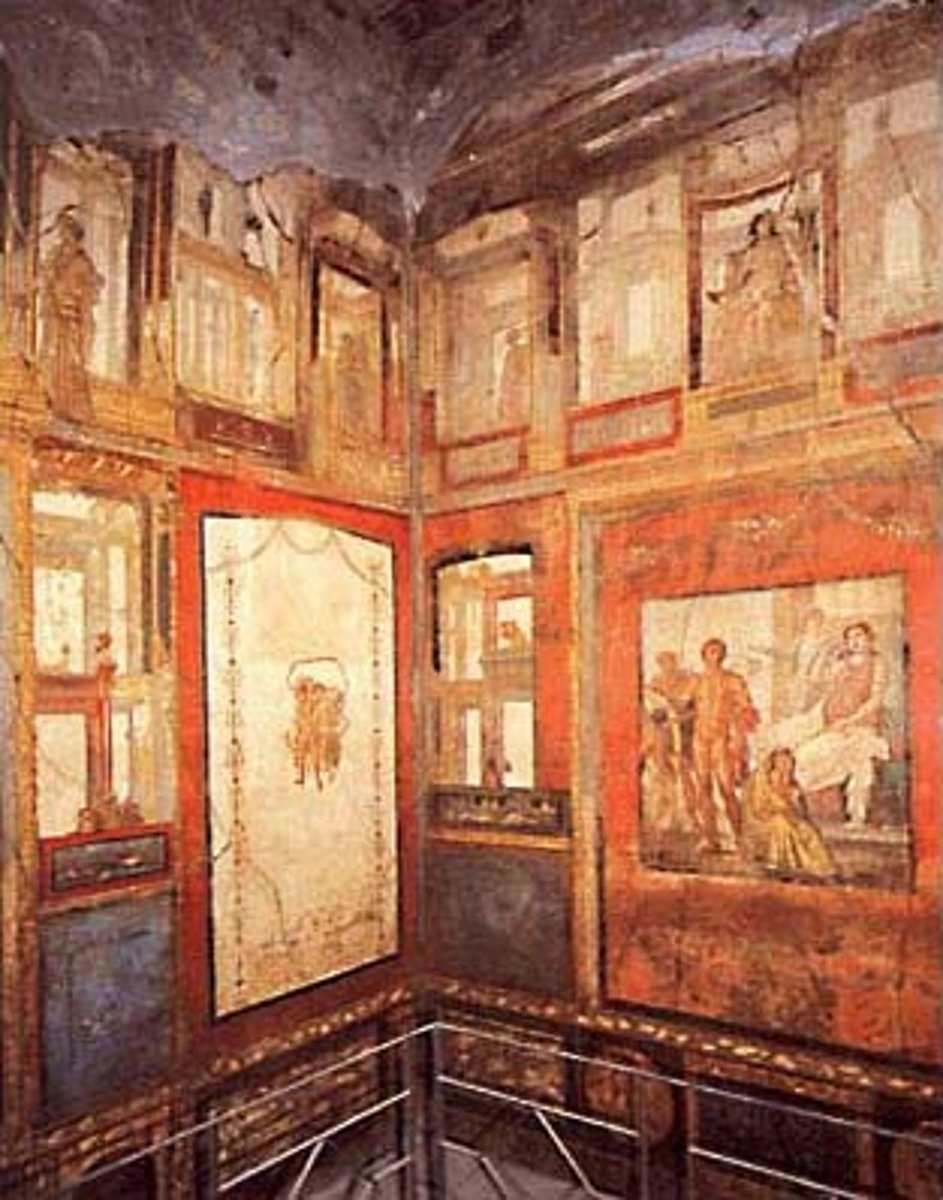 <p>- Elaborate frescoes decorating the walls of Pompeian homes and public buildings</p><p>- Classified into four styles based on subject and technique (architectural illusions, myths, landscapes)</p><p>- Subjects include gods, myths, erotic scenes, still lifes, and trompe-l'oeil architecture</p><p>- Preserved by Vesuvius's ash — the best-surviving examples of Roman decorative painting</p><p>- Offer evidence of wealth, artistic taste, and Roman pictorial conventions</p>