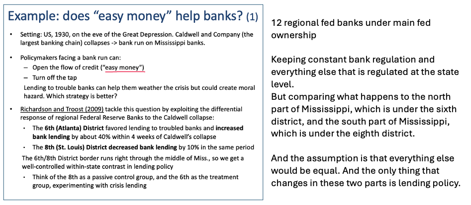 <p>Assumption is that everything else would be equal</p><p>Only thing that changes in these two parts is lending policy</p><p>Therefore can compare effects of treatment (8th as control &amp; 6th as treatment - crisis lending)</p>