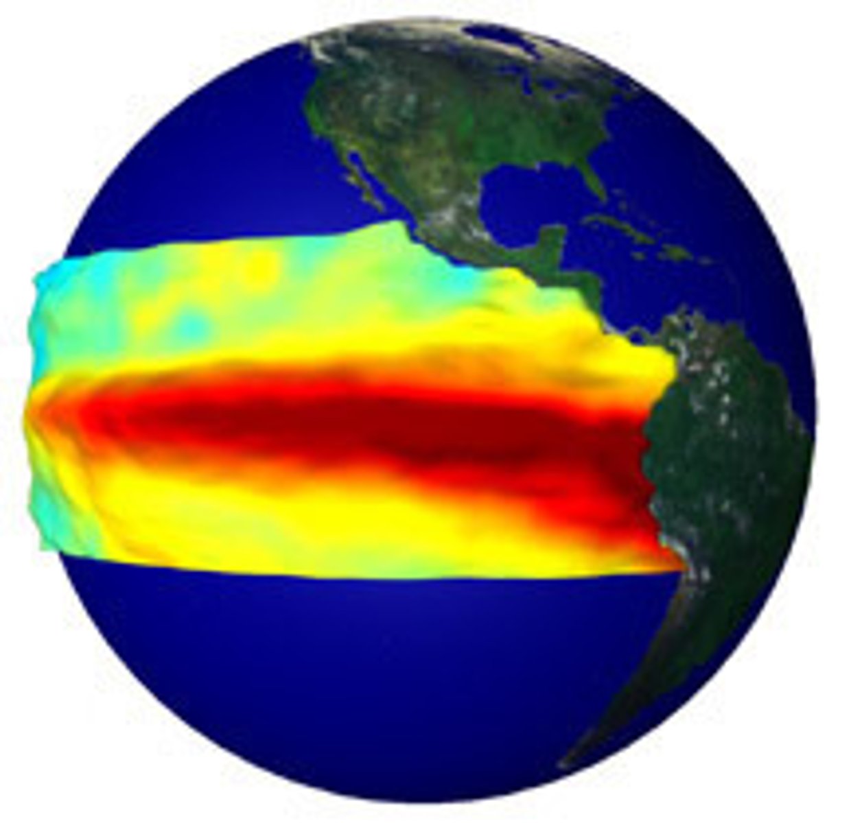 <p>Unusually warm surface waters in the eastern Pacific Ocean, which leads to changes in weather patterns.</p>
