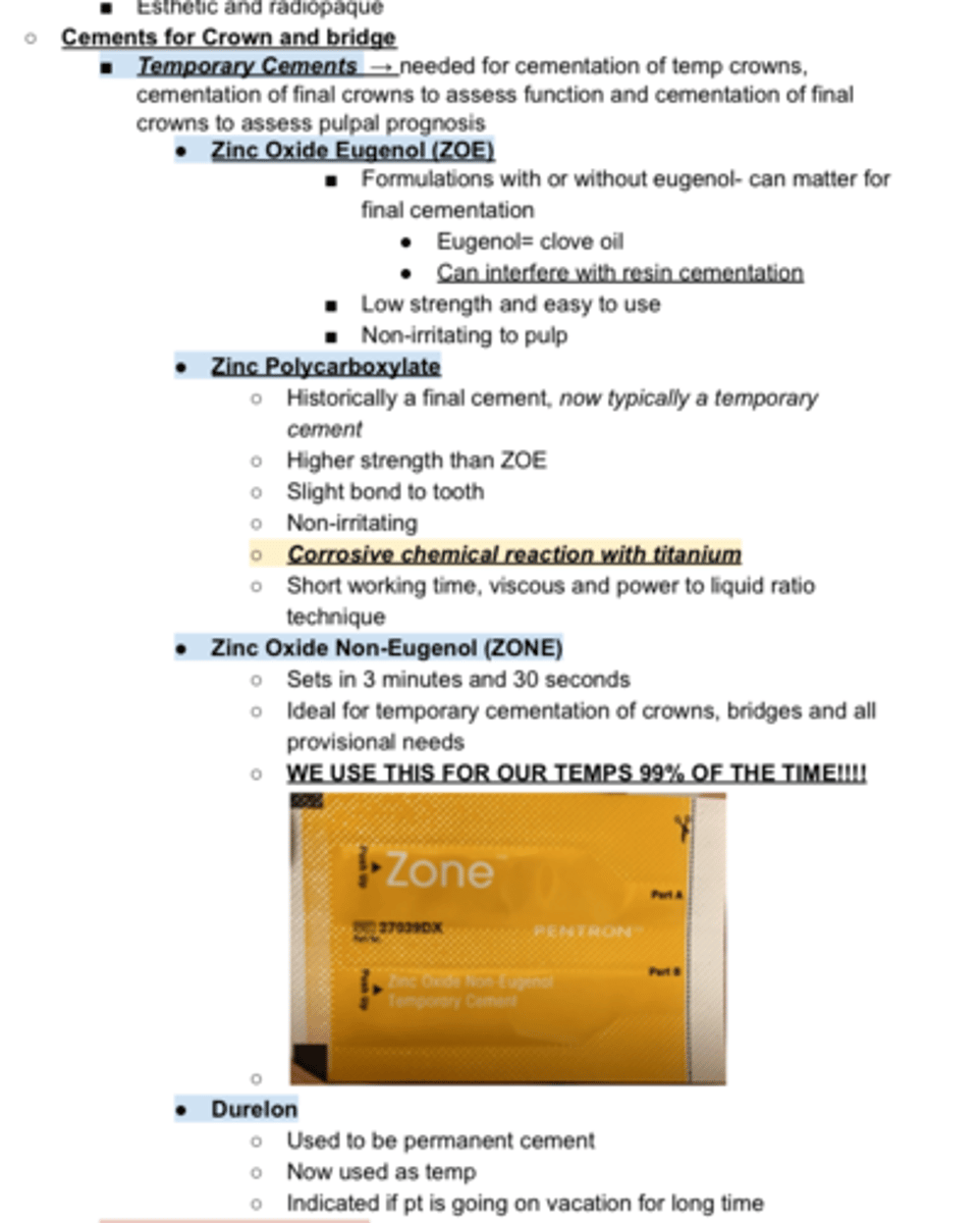 <p>List 4 Temporary cements that could be used to Cement a Crown/Bridge</p>