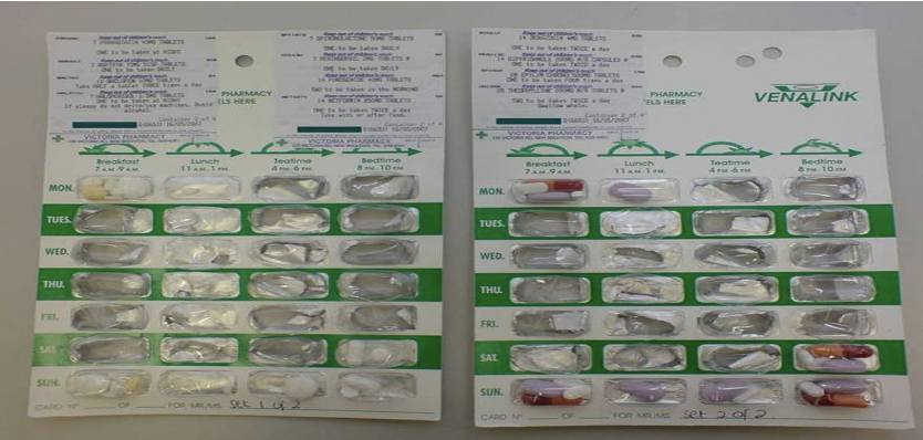 <p>a device designed to contain individual doses of medicines in separate compartments or blisters.</p>