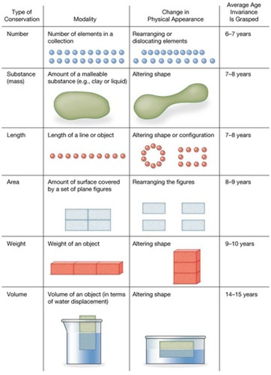 <p>Lack of conservation, meaning they do not understand that changing the appearance of a substance does not change its amount.</p>