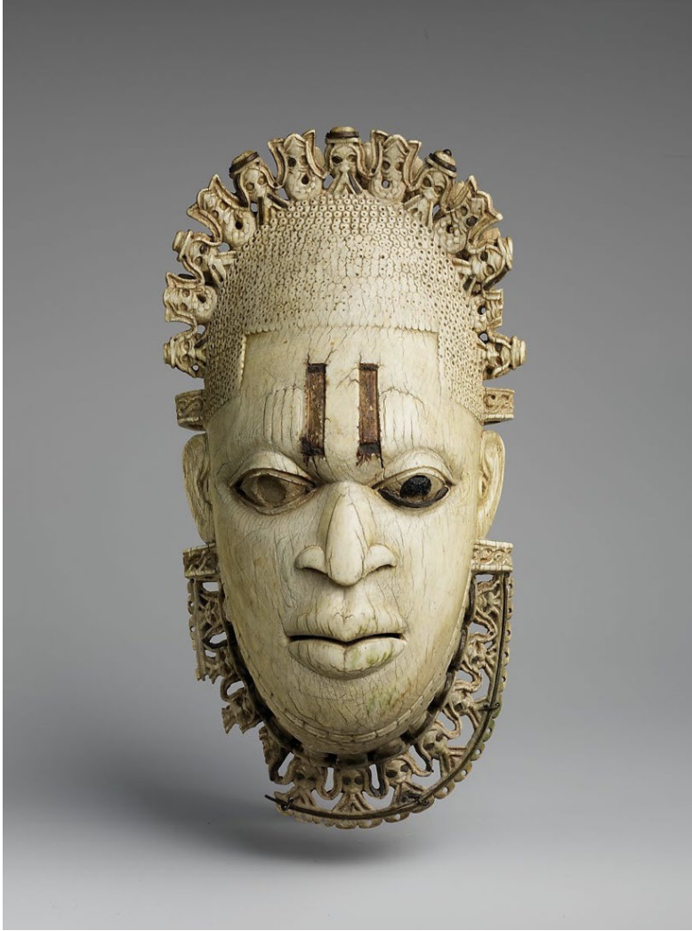 <p>- 16th century</p><p>- Made f<span>or the King/Oba Esigie, the king of Benin, to honor his mother, Idia</span></p><p><em>- Oba</em><span> may have worn it at rites commemorating his mother; today such pendants are worn at annual ceremonies of spiritual renewal and purification</span></p>