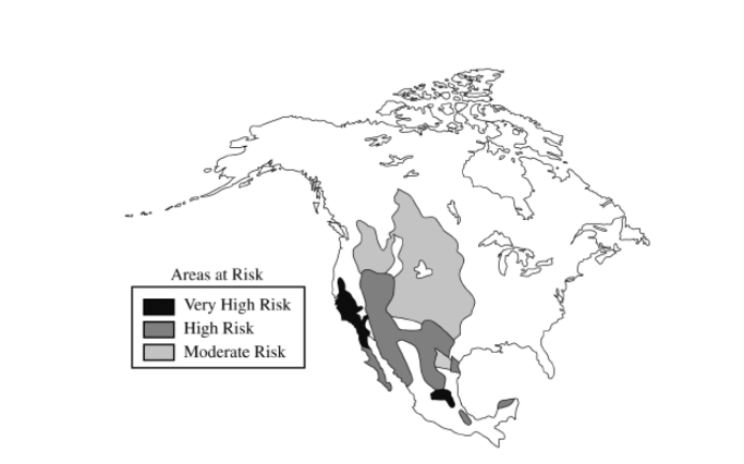 <p>The shaded areas on the map above most likely indicate regions that are affected or threatened by which of the following?</p><ul><li><p><span>a. Devolution</span></p></li><li><p><span>b. Desertification</span></p></li><li><p><span>c. Depopulation</span></p></li><li><p><span>d. Deforestation</span></p></li><li><p><span>e. Deindustrialization</span></p></li></ul>