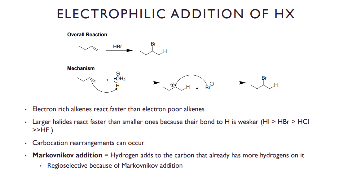 <p>So, what we mean by more electron rich is essentially MORE substituted, making it more reactive. Stronger acids like HI will release their proton easier, and since this creates the carbocation it is our slowest, and RATE determining step.</p>