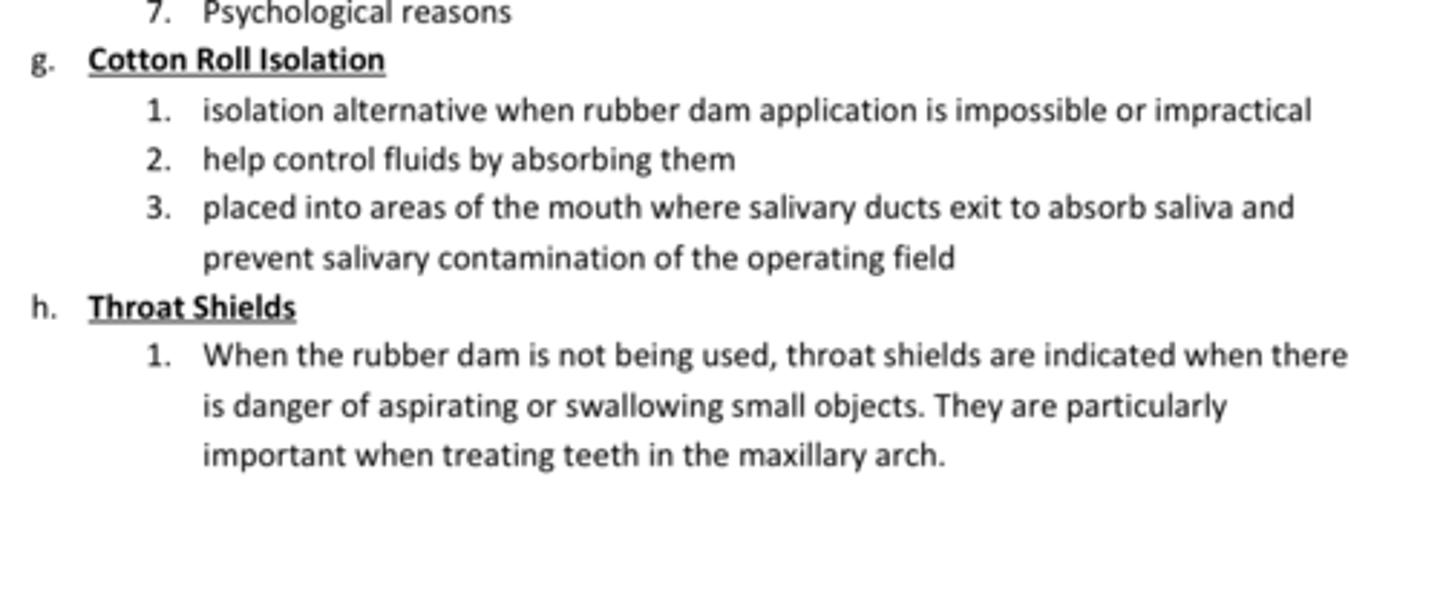 <p>_____ ____ isolation can be used as an Isolation alternative when rubber dam application is impossible or impractical</p><p>- Help control fluids by absorbing them</p><p>- Placed into areas of the mouth where salivary ducts exit to absorb saliva and prevent salivary contamination of the operating field</p>