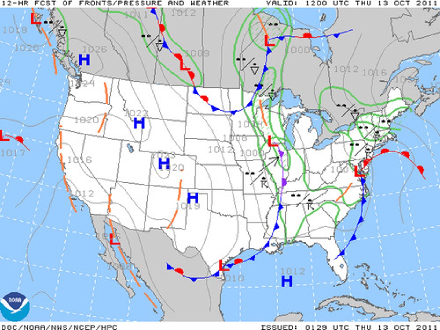 <p>depict high and low pressure systems as they move across the country</p>