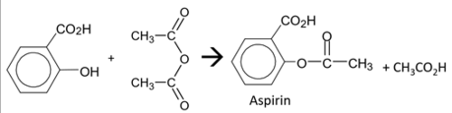 <p>-Ester made by reacting ethanoic anhydride/ethanoyl chloride with salicylic acid</p>