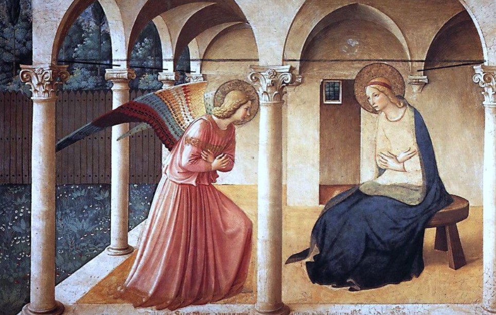 <p>Annunciation, fresco, Fra Angelico, 1438-1447, San Marco, Florence, italy</p>