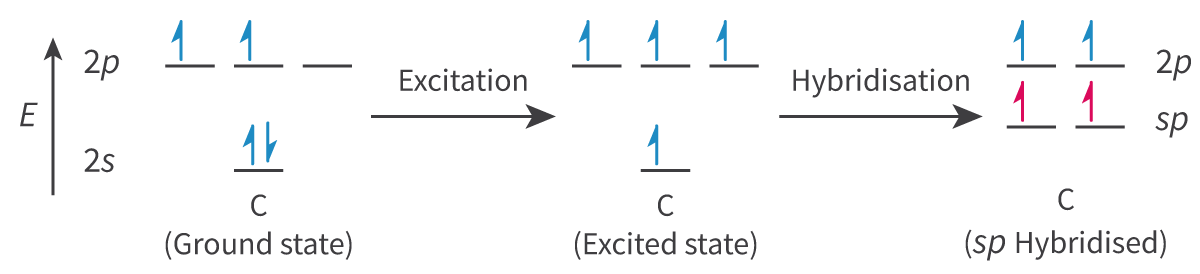 <p>Sp hybridization:</p><p>	- During _____ bonds:</p><p>		○ Will undergo _____ hybridization</p><p>		○ Only hybridize ____ of its orbitals, 1 of the s-orbital and 1 p-orbital</p><p>		○ 2 hybridized sp-orbitals can form sigma bonds, and the unhybridized p-orbitals can form pi bonds</p>