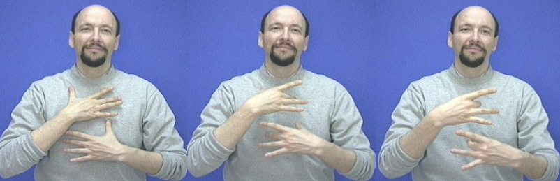 <p>basically sign LIKE with both hands</p>