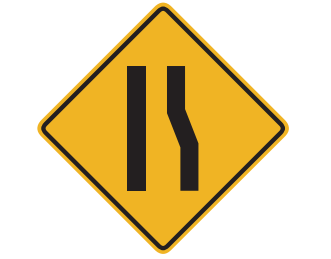 There will be fewer lanes ahead. The right lane ends and traffic must merge left. Drivers in the left lane should allow others to merge smoothly. 
