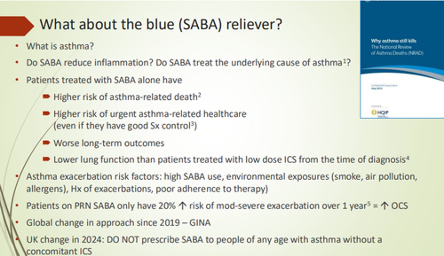 <p>SABAs increase risk of exacerbations and asthma-related mortality if used without ICS.</p><p>UK approach is now not to use SABAs without concomitant ICS.</p>