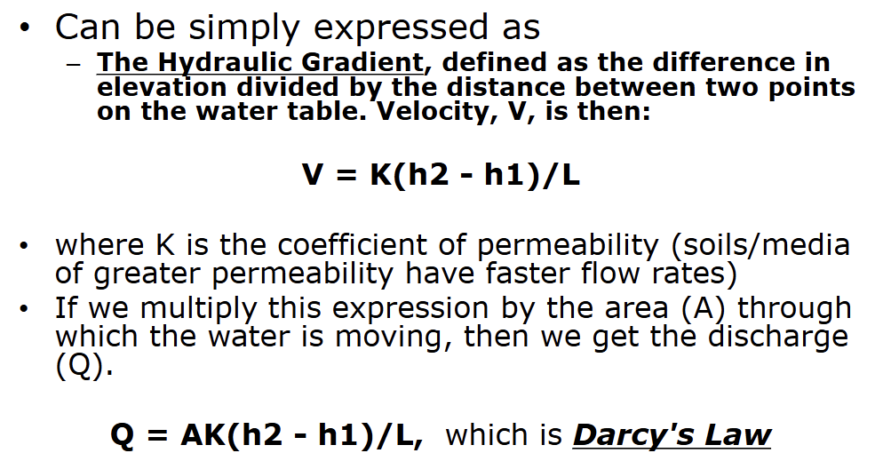 <p>Some water flow through aquifers faster than others</p><p>as difference in elevation increases, the rate of flow increases</p><p>as the distance increases, the rate of flow decreases</p>