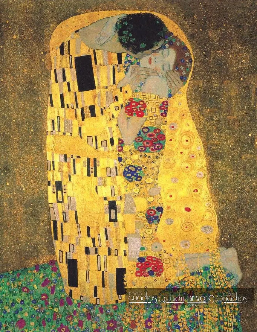 <ul><li><p><strong>ID:</strong> Gustav Klimt, 1907–1908 CE, Oil and gold leaf on canvas, Austria</p></li><li><p><strong>Content:</strong> A couple embraced in a golden, patterned cloak.</p></li><li><p><strong>Function:</strong> Celebrates love and intimacy.</p></li><li><p><strong>Context:</strong> Part of the Vienna Secession movement, influenced by Byzantine mosaics.</p></li><li><p><strong>Form:</strong> Flattened figures, decorative patterns, gold leaf.</p></li></ul><p></p>