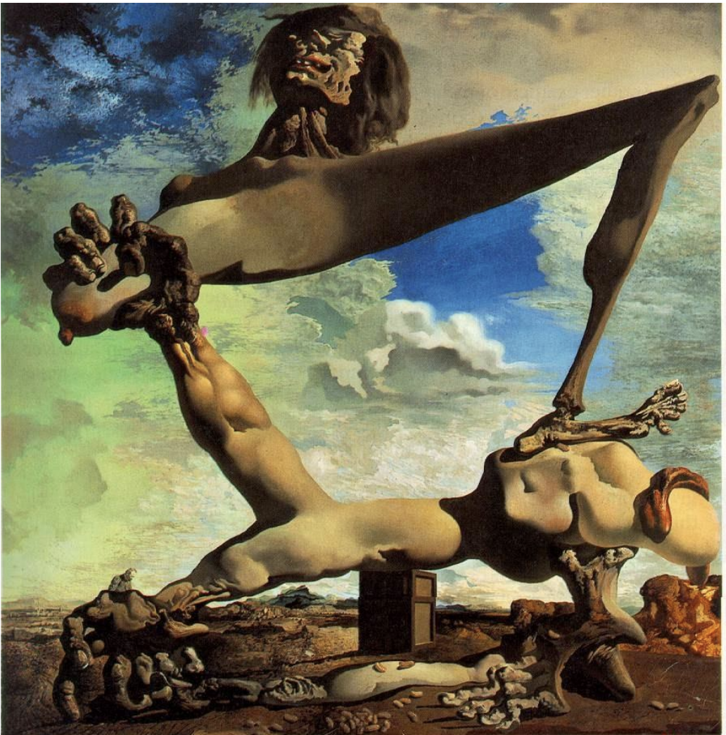 <ul><li><p><span><strong>Key Features</strong>:<br><br></span></p><ul><li><p><span>Depicts a grotesque, disintegrating human figure in an agonizing pose, representing the chaos and violence of the Spanish Civil War.<br><br></span></p></li><li><p><span>The image of soft, melting flesh contrasts with the harsh, chaotic background, symbolizing the horror of conflict.<br><br></span></p></li><li><p><span>Dalí uses his signature distorted forms to evoke a sense of terror and disarray.<br><br></span></p></li></ul></li></ul><p><span><strong>Memorable Fact</strong>: A politically charged work, it reflects Dalí’s reaction to the Spanish Civil War and the impending destruction it foretells.<br></span></p>