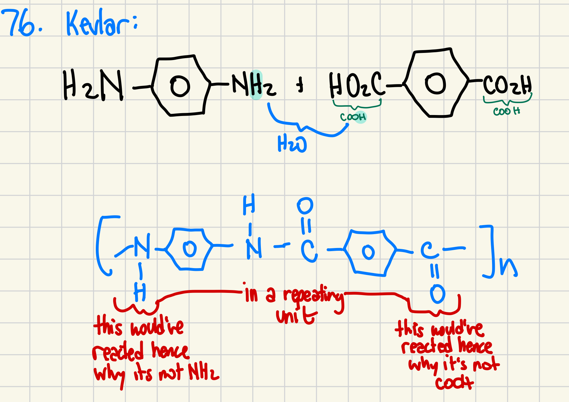 <p>a) <strong>Addition polymerization</strong> is a process where <strong>monomers containing carbon-carbon double bonds (C=C)</strong> react to form long polymer chains. The <strong>double bonds break</strong>, and the monomers link together <strong>without producing any by-products</strong>.</p><p><strong>Condensation polymerization</strong> involves <strong>monomers with two functional groups</strong> (such as –COOH and –NH₂ or –OH) that react to form <strong>covalent bonds</strong> (typically <strong>ester or amide bonds</strong>). During each bond formation, a <strong>small molecule like water (H₂O)</strong> is released — this is often a <strong>dehydration reaction</strong>.<br>These polymers are typically <strong>copolymers</strong>, formed from <strong>two or more different types of monomers</strong>.<br></p><p><strong>c)</strong></p><p><strong>An addition polymerization reaction</strong> occurs because the monomer <strong>F₂C=CF₂ (tetrafluoroethene)</strong> contains a <strong>carbon–carbon double bond</strong>. During the reaction, these double bonds open up and link together to form a long chain, <strong>without producing any by-products</strong>.</p><p>The <strong>IUPAC name</strong> of the polymer formed is <strong>polytetrafluoroethene</strong>.</p>