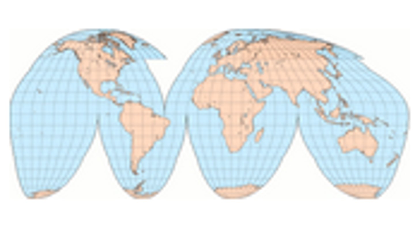 <p>This projection separates the Eastern and Western hemispheres into two pieces, a feature known as interruption. It gives more prominence to the landmasses</p>