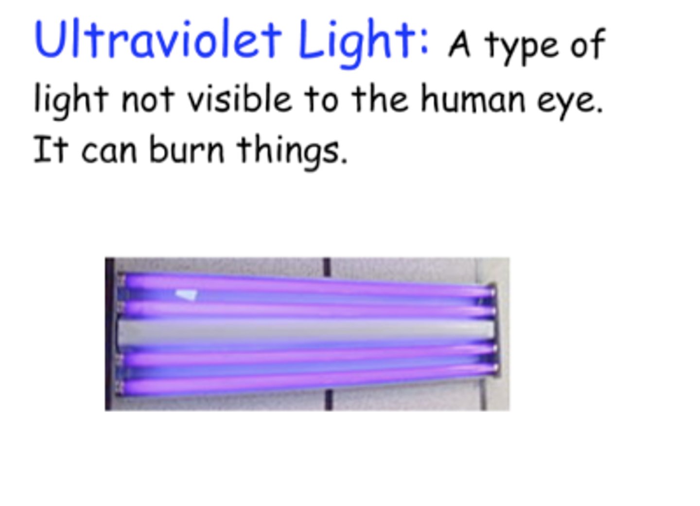 <p>a band of electromagnetic radiation with energies just above those of visible light, contained in sunlight.</p>