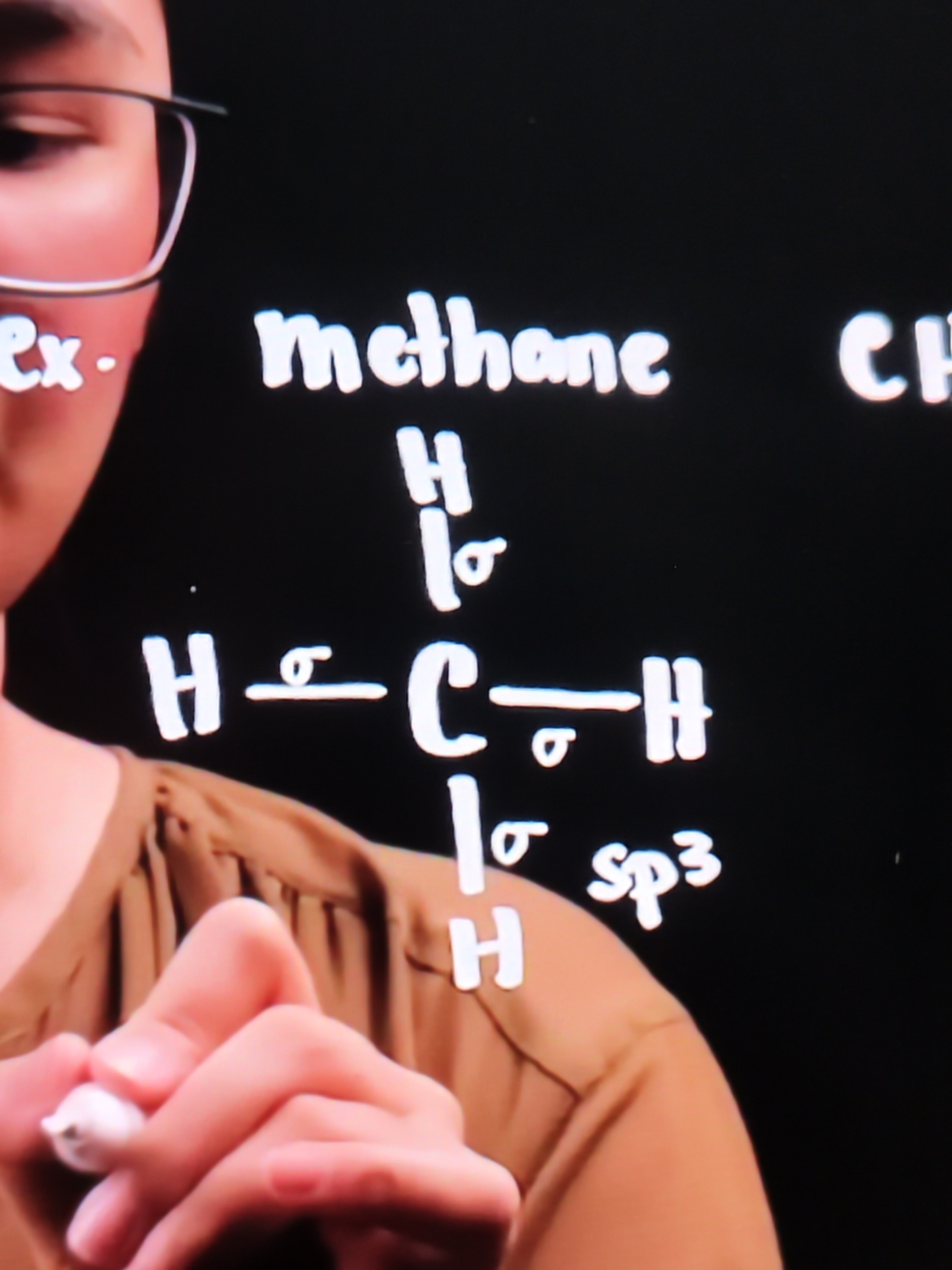 <ul><li><p>Carbon bonded to 4 hydrogen atoms</p></li><li><p>Bond between H and C is called SIGMA BOND</p></li><li><p>Meaning 4 sigma bonds have formed - so the hybridization is sp³</p></li></ul>