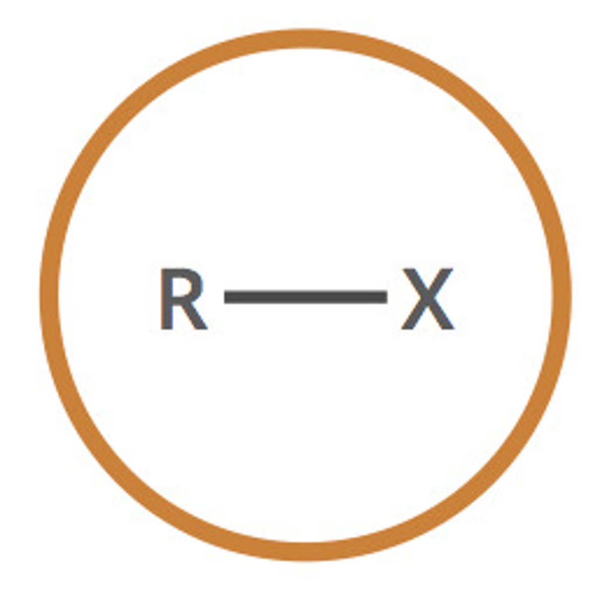 <p>R group (carbon or hydrogen) attached to X = F, Cl, Br, I</p>