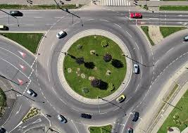 <p>A circular area where cars move in a circle to go in different directions.</p><p>"You need to drive around the <strong>roundabout</strong> to get home."</p>