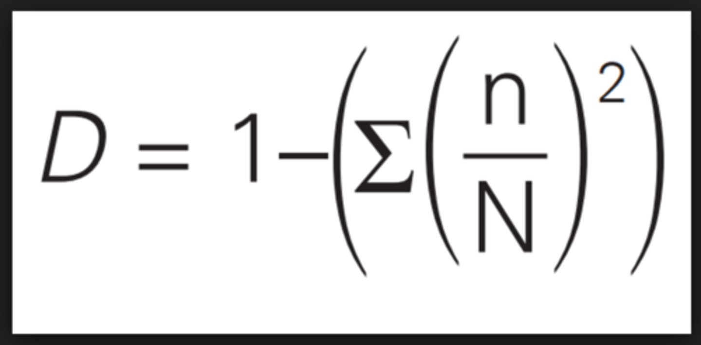 <p>- used to quantify an area's biodiversity by comparing species richness and species evenness</p><p>- max diversity is 1 and minimum diversity is 0 (0-1 range)</p><p>- example on 2.3 ppt slide 35</p>