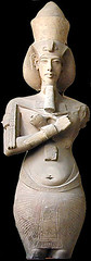 <p>-From temple of Aton, sandstone -Different art style established by pharaoh -Different theories, from him actually looking like that to it being a rebellion against the established style similar to the rebellion against the established religion -Akhenaton = accepted by Aton -Amarna Period -Brief period where a pharaoh tried to recreate the world in his likeness -Tried to establish new/different religion -Amun-Re -&gt; Aton -Represented by sun disk, not human or animal -Monotheistic (declared that all gods don&apos;t exist except Aton) -Didn&apos;t take hold very well -Put the temples/priests out of work -A lot of his creations were destroyed after his death because everyone hated what he did -Constructed mythology through artwork -Decreed that the only way to communicate with Aton was through him (not priests, prayer, etc.) -Claimed to be both son and sole prophet of Aton -Changed art style (more exaggerated/stylized)</p>