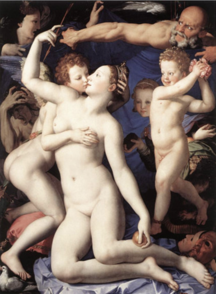 * Mannerist both in style (ie the twisting body on the left, the man in the background stiff hands and tendons) and content (such extreme sexuality, possibly incest)
* Dislocation of both bodies and morals