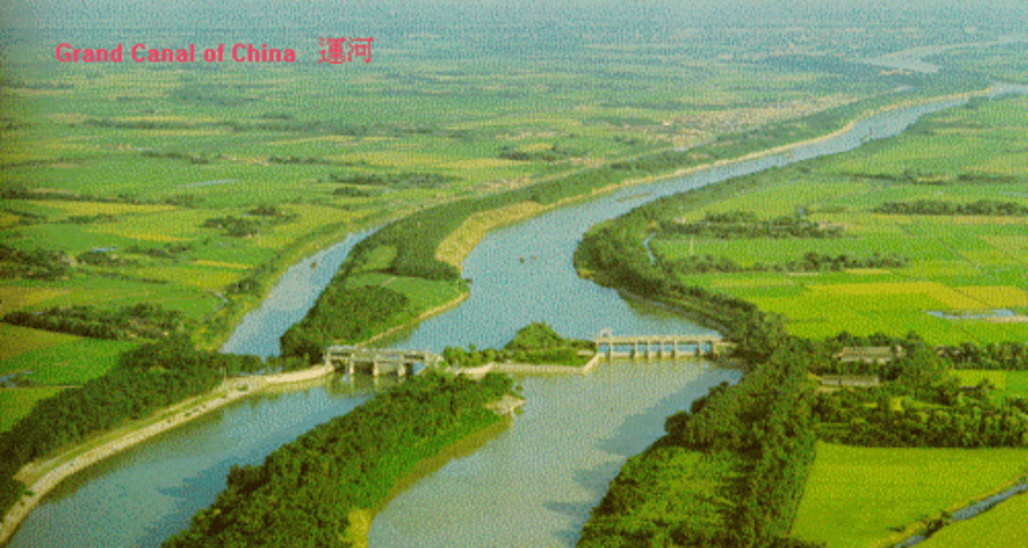 <p>Built in 7th century during reign of Yangdi during Sui dynasty; designed to link the original centers of Chinese civilization on the north China plain with the Yangtze river basin to the south; nearly 1200 miles long.</p>