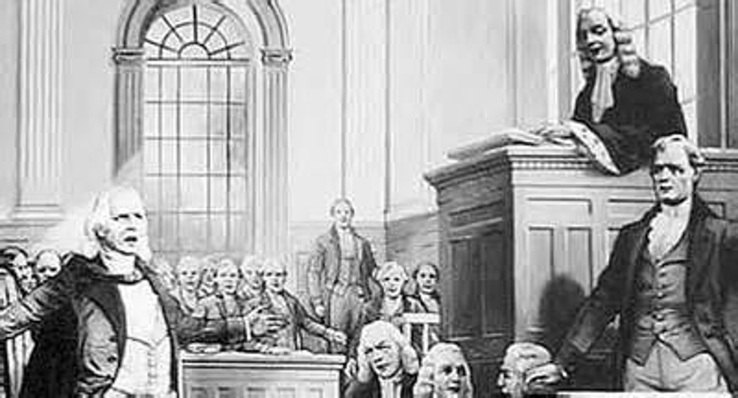 <p>was a New York libel case (defamation expressed by print, writing, pictures, etc.) against John Peter Zenger. Established the principle that truthful statements about public officials could not be prosecuted as libel.</p>