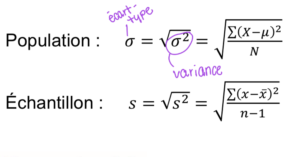 <p>Racine carrée de la variance pour qu’elle soit plus facile à interpréter → mesure la dispersion la plus utilisée.</p>