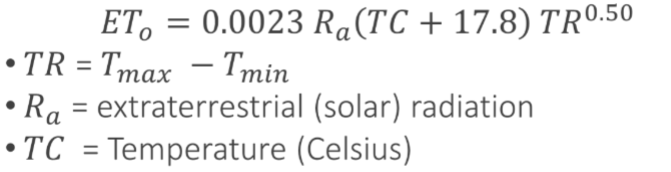 <p>equation to estimate evapotranspiration from min, max, &amp; mean air temp, solar radiation; temperature-based method</p><ul><li><p>underestimates ET in windy conditions</p></li><li><p>overestimates ET in extremely humid or dry air</p></li></ul><p></p>