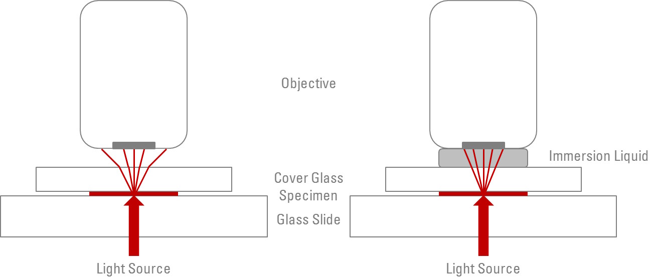 the resolution decreases and is not the best, it is fixed with immersion oil because it resembles glass, it increases the maximum angle at which light leaving the specimen can strike the lens