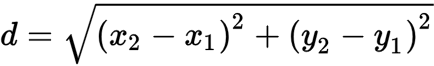 <p><span>d= √((x₂ - x₁)² + (y₂ - y₁)²)</span></p>