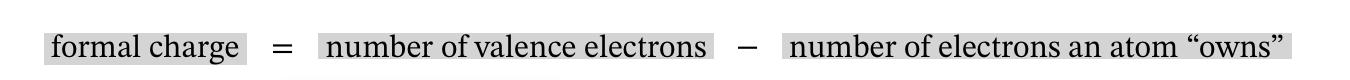 <p>number of valence e- - number of e- atom owns (aka number of bonds and lone pairs)</p>