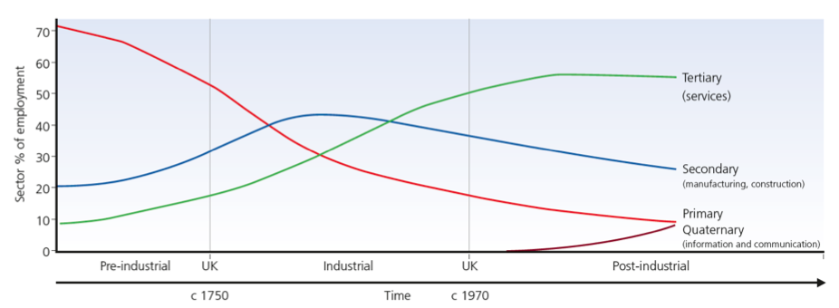 <p>the decrease in primary sector through time, rise and fall of secondary sector in the industrial phase, rise of tertiary sector </p>