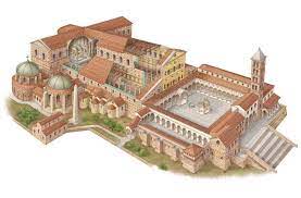 <ol><li><p>Christian basilica commissioned by Constantine to create a strong Christian presence in the empire, decked with precious metals and jewels</p></li><li><p>Supposedly housed the relic (tomb) of Peter (guards gate of heaven, apostle), Rome’s first cathedral</p></li><li><p>Site of pilgrimage</p></li><li><p>pilgrims lowered items to the grave to make their own relics.</p></li></ol>