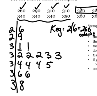<p>display of quantitative data</p><ul><li><p>the stems must be continuous + 5 min</p></li><li><p>leaves are single digit</p></li><li><p>include key for 1st data idem</p></li><li><p>does not work well w big sets</p></li></ul><p>if split stems, do so equally BY ONES PLACE: 0-1, 2-3, etc</p><p></p>
