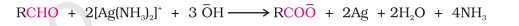 <ul><li><p>Known as silver mirror test ; aliphatic and aromatic aldehydes reduce Tollen’s reagent</p></li><li><p>Aldehyde heated with freshly prepared Tollen’s reagent (<strong>ammoniacal solution of silver nitrate</strong>) a silver mirror is formed due to formation of silver metal</p></li><li><p>Aldehyde oxidizes to corresponding <strong>carboxylate anion</strong></p></li><li><p>Reaction occurs in <strong>alkaline medium</strong></p></li></ul>