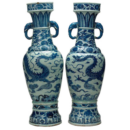 <p>1351 CE. White porcelain with cobalt blue underglaze. Yuan Dynasty. China.</p>