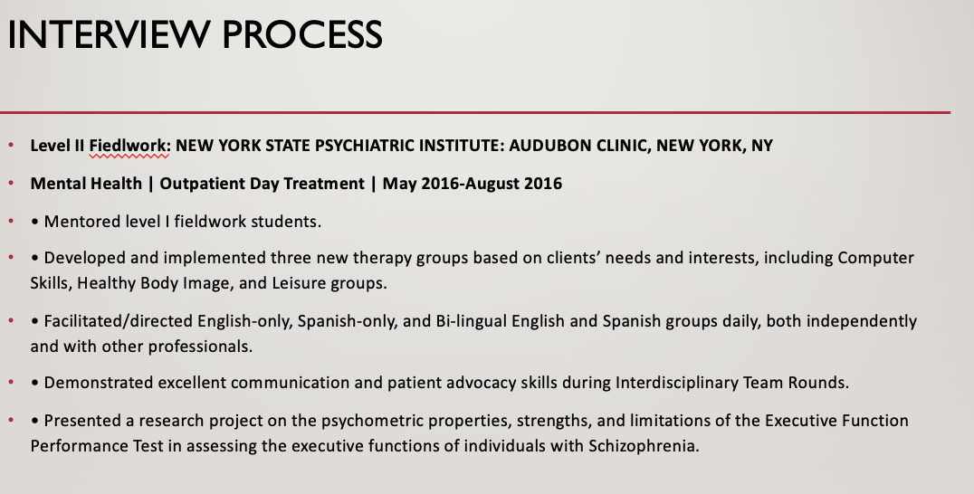 <ul><li><p><span><strong><span>How do you describe your Behavioral Health Fieldwork II?</span></strong></span></p></li><li><p><span><span>What would a future employer be most interested in?</span></span></p><ul><li><p><span><span>Describe setting, what kind of team were you on, clients served, age range, roles and responsibilities, assessments/treatments, groups vs. individual treatment, special skills/projects, documentation, telehealth use…productivity?</span></span></p></li></ul></li></ul><p></p>