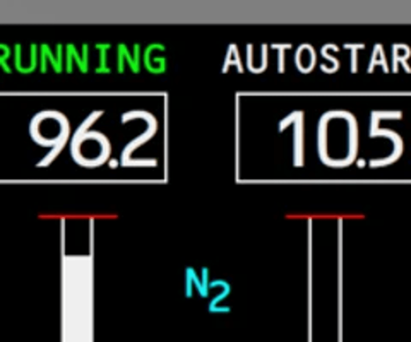 <p>RUNNING, displayed (green)—engine at or above idle after start, blanks 30 seconds after achieving idle RPM</p><p>AUTOSTART, displayed (white)—engine in start mode</p><p>AUTOSTART, displayed ground start—engine START switch pulled, fuel control in RUN</p><p>AUTOSTART, displayed in flight—engine below idle, after Fuel Control switch moved from CUTOFF to RUN</p><p>AUTORELIGHT, displayed (white)—engine below idle, Fuel Control switch in RUN and not cycled to CUTOFF</p>