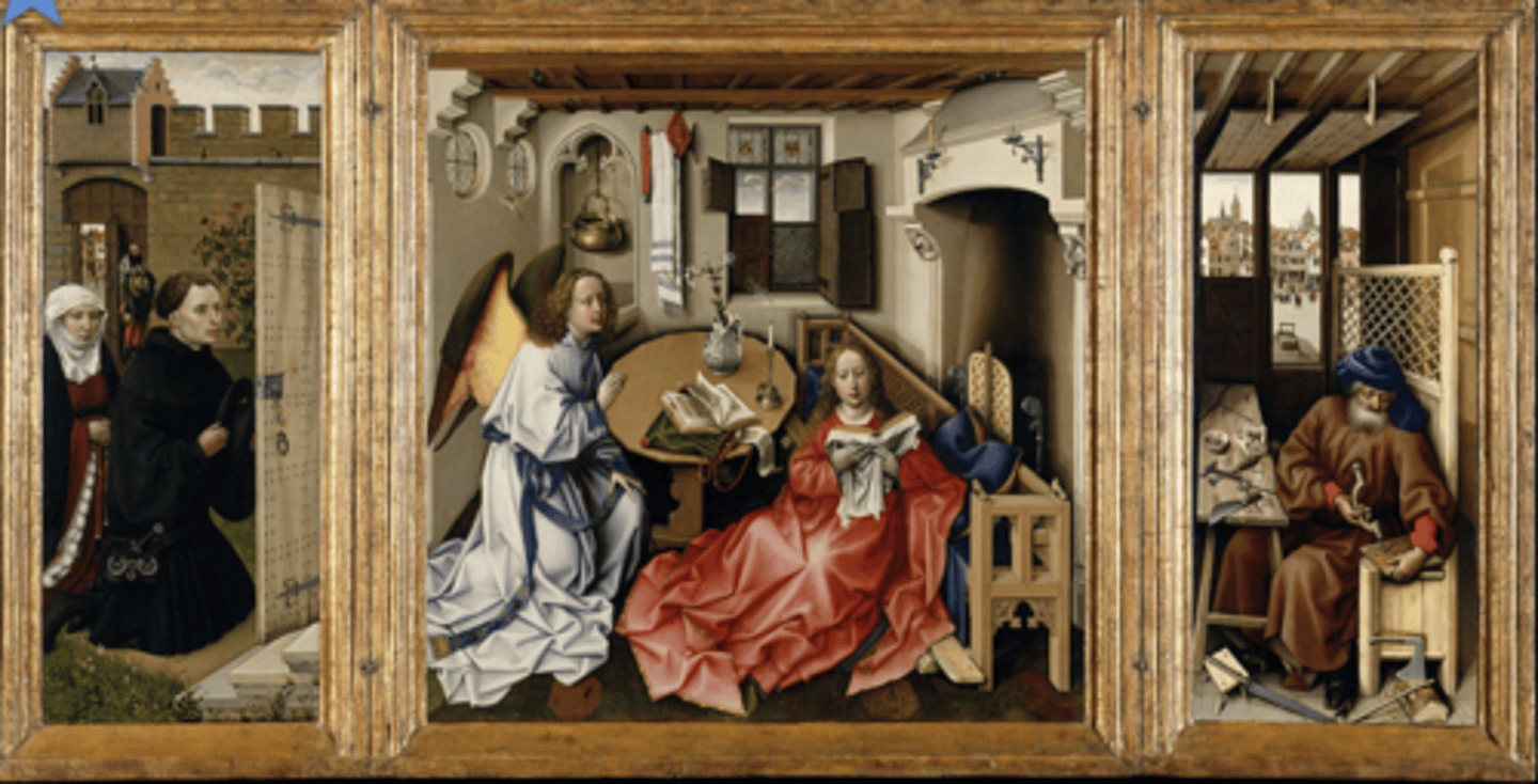 <p>Private devotional Altarpieces popular in 15th century Flanders-Often reflected an integration of the secular and religious worlds-Frequently set in a typical Flemish house-Most often done in oil on wood panel - geographic influence</p>