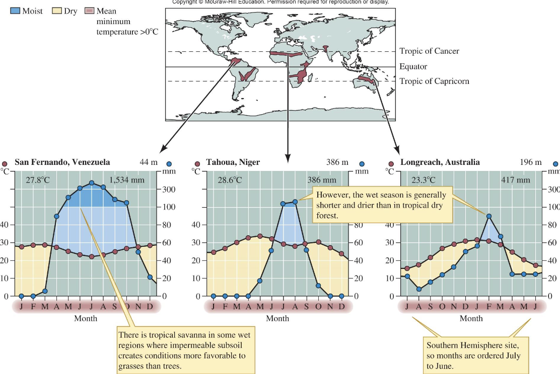<ul><li><p>Located roughly between 10°–20° latitude</p></li><li><p>wet and dry seasons</p></li><li><p>droughts can cause wildfires</p></li><li><p>soils with low water permeability</p></li><li><p>grasses favored</p></li><li><p>livestock production common</p></li></ul><p></p>