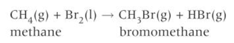 <ul><li><p>react in the presence of UV light</p></li><li><p>a substitution reaction</p></li></ul><p></p>