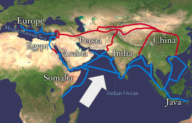 A maritime trade route that connected East Asia, Southeast Asia, East Africa, South Asia, and the Middle East. Merchants used ships to transport goods in bulk across the Indian ocean.  
LO 5) The increased demand for specialized goods in bulk caused the growth of networks of exchange. 
