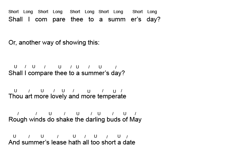 A line or verse composed of ten syllables per line, with alternating unstressed and stressed syllables. Example: 'Shall I compare thee to a summer’s day?'