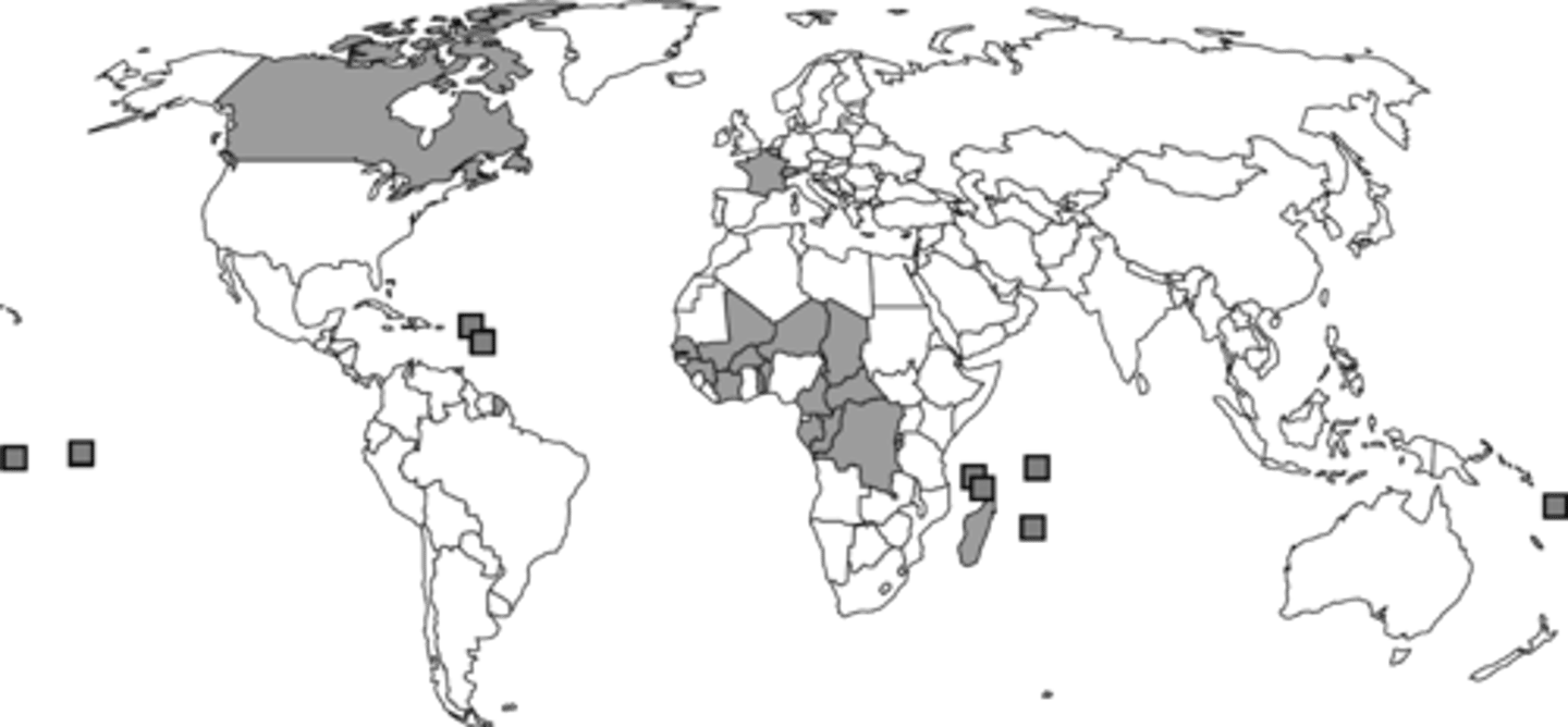 <p>How does the map illustrate global diffusion of the French language from its cultural hearth in Paris?</p>